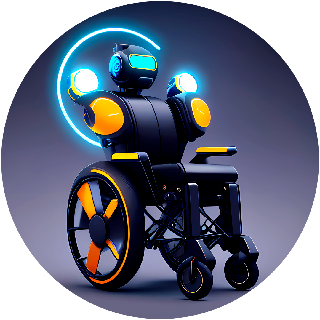 Robô em uma cadeira de rodas com iluminação neon azul, formando o logo do ChatPCD.