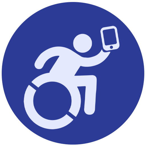 Símbolo de pessoa em cadeira de rodas em movimento segurando um smartphone
