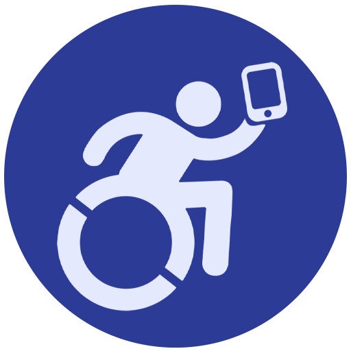 Símbolo de pessoa em cadeira de rodas em movimento segurando um smartphone