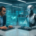 Jornalista humano e robô humanoide trabalhando lado a lado em escritório moderno, com telas holográficas exibindo notícias e gráficos.