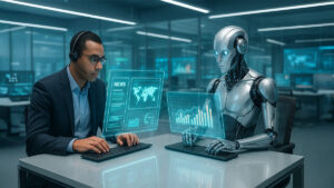 Jornalista humano e robô humanoide trabalhando lado a lado em escritório moderno, com telas holográficas exibindo notícias e gráficos.
