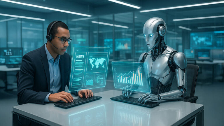 Jornalista humano e robô humanoide trabalhando lado a lado em escritório moderno, com telas holográficas exibindo notícias e gráficos.