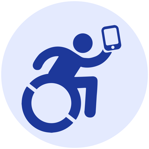 Símbolo de pessoa em cadeira de rodas em movimento segurando um smartphone